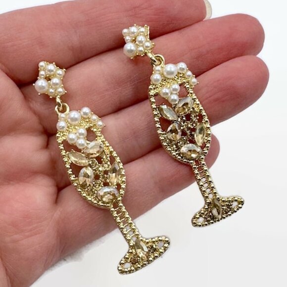 Champagne Earrings, Rhinestones, Gold Metal, Faux Pearl, Dangle, Funky, Big - Picture 1 of 3